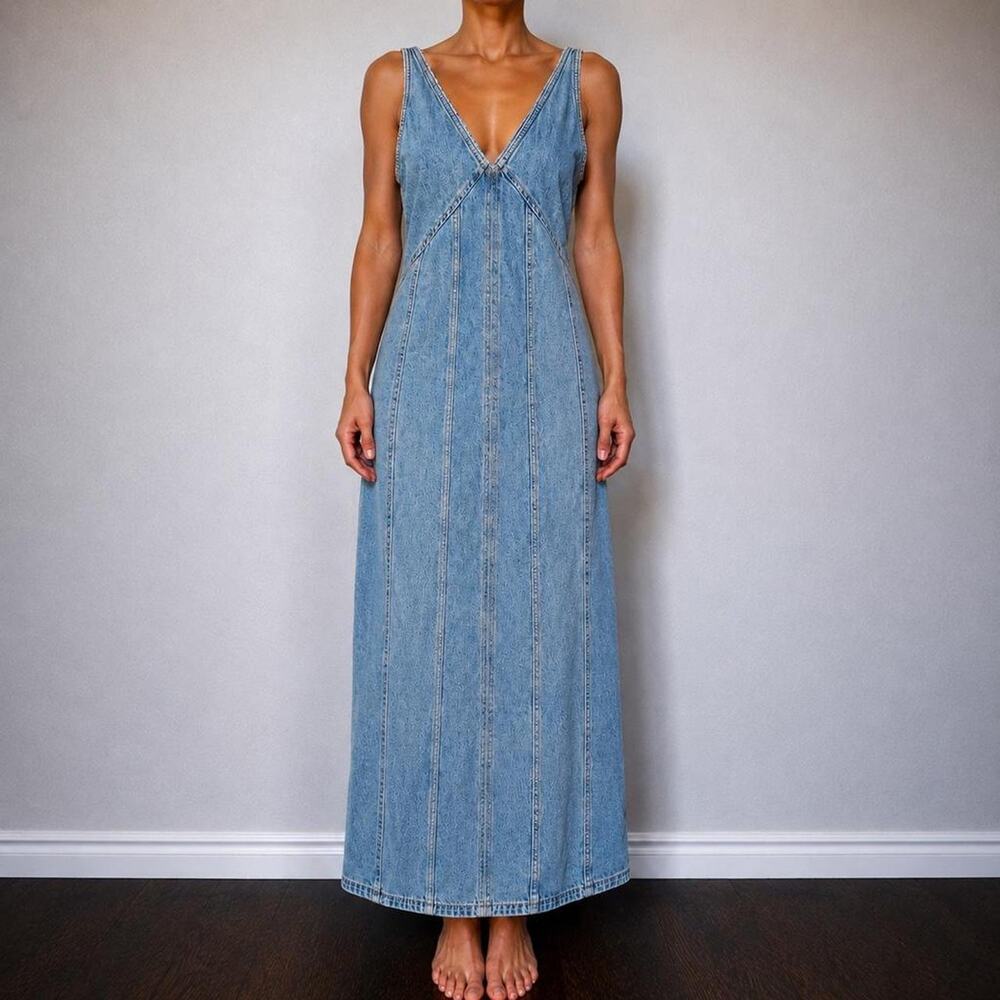 Vintage Zara Faded Denim Boho Lagenlook Light Wash Cotton Maxi Dress Size XS/S